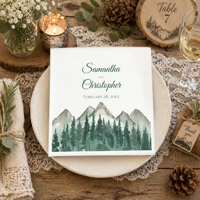 Servilleta De Papel Boda Rústica de Acuarela de Montañas y Pino (Subido por el creador)