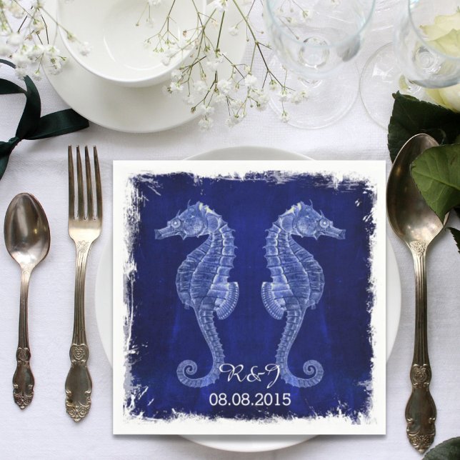 Servilleta De Papel boda rústica de playa costera azul caballito de ma (rustic beach coastal blue seahorse wedding napkins)
