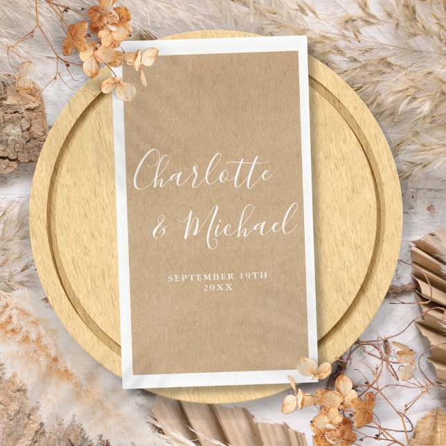Servilleta De Papel Boda Rústica Kraft Elegante con Letra de Firma (Rustic Kraft Elegant Signature Script Wedding Paper Guest Towels)