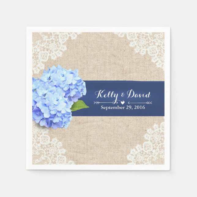 Servilleta De Papel Boda Rústico Azul Hidrangea Lace & Burlap (Anverso)