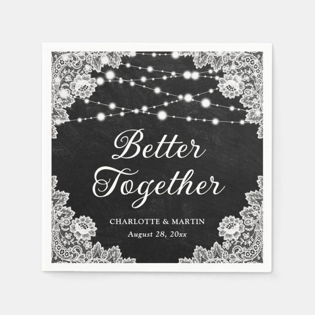 Servilleta De Papel Boda Rústico Black Chalkboard Lace String Lights (Anverso)