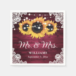 Servilleta De Papel Boda Rústico Burgundy Sunflower Wood Lace