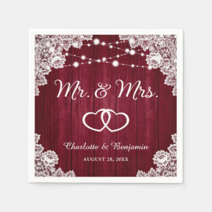 Servilleta De Papel Boda Rústico Burgundy Wood Lace String Lights