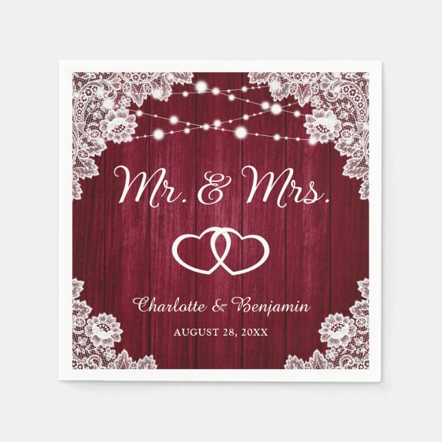 Servilleta De Papel Boda Rústico Burgundy Wood Lace String Lights (Anverso)