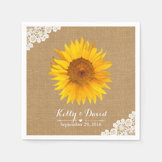 Servilleta De Papel Boda Rústico Burlap & Lace Sunflower (Anverso)