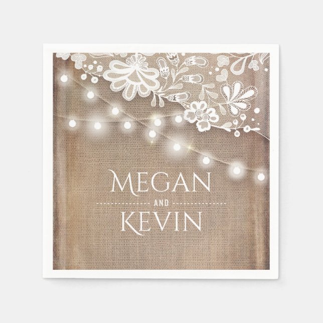 Servilleta De Papel Boda Rústico Burlap y String Lights Lace (Anverso)