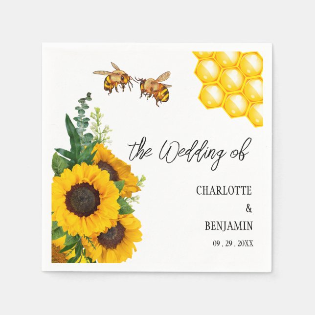 Servilleta De Papel Boda Rústico de Abejas y Girasol Amarillo (Anverso)