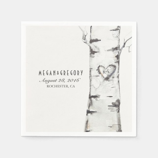 Servilleta De Papel Boda Rústico de Birch Carved Heart (Anverso)