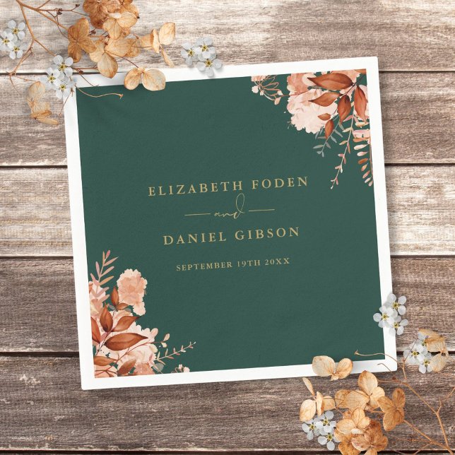 Servilleta De Papel Boda Rústico De Esmeralda Y Oro (Rustic Floral Emerald Green And Gold Wedding Napkins)