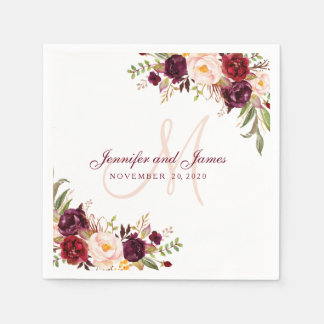 Servilleta De Papel Boda Rústico de Monograma Rosa de Rubor Floral de