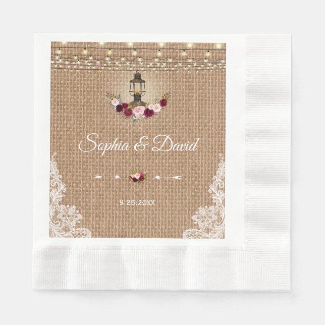 Servilleta De Papel Boda Rústico Lace Burlap Lantern String Lights (Anverso)