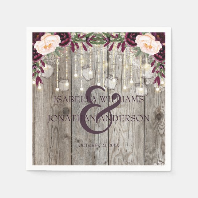 Servilleta De Papel Boda Rústico Lace Jar Wood & String Lights (Anverso)