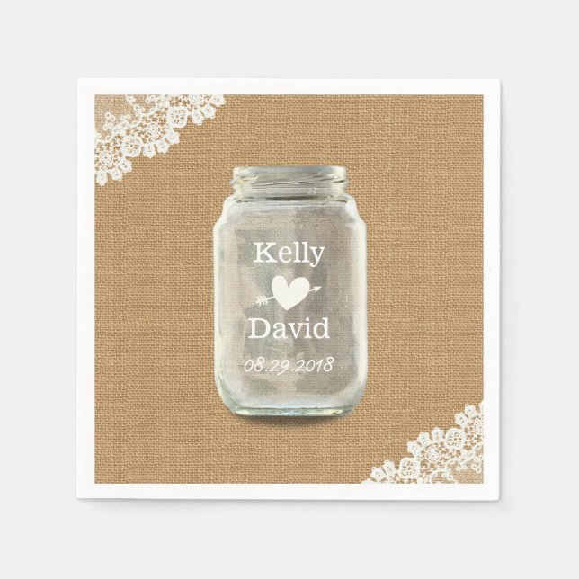 Servilleta De Papel Boda Rústico Mason Jar Burlap & Lace (Anverso)