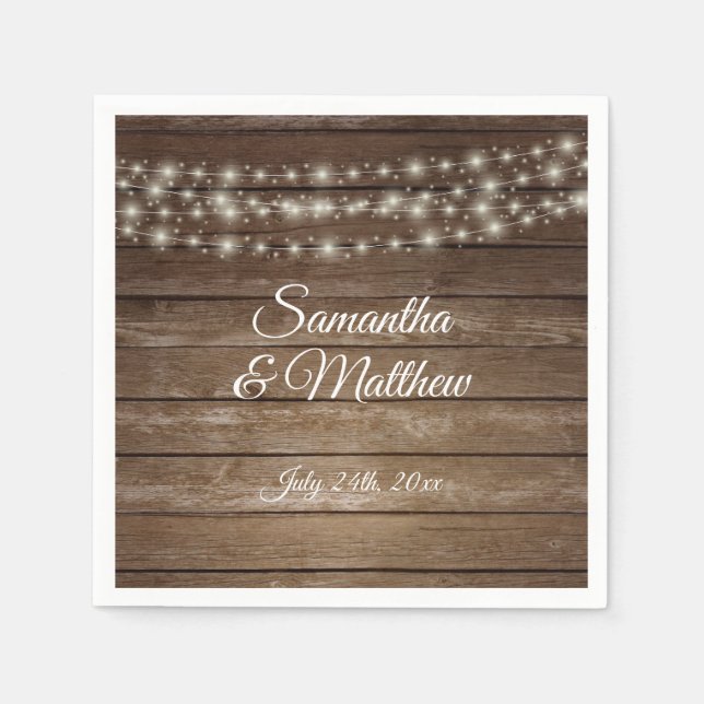Servilleta De Papel Boda Rústico Personalizado de Luces de Madera (Anverso)