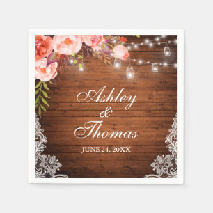 Servilleta De Papel Boda Rústico Wood Jar Ilumina Lace De Coral Rosa