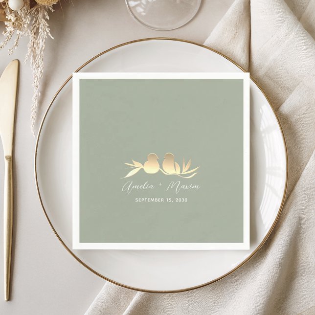 Servilleta De Papel Boda Sage Green Gold Lovebirds (Subido por el creador)