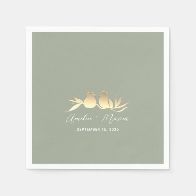 Servilleta De Papel Boda Sage Green Gold Lovebirds (Anverso)