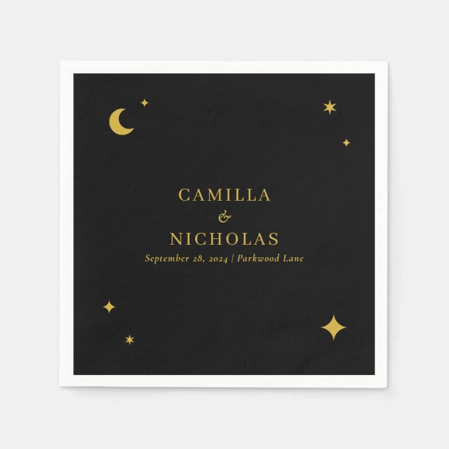 Servilleta De Papel Boda Simple Estrella Lunar Celeste Oro Negro (Anverso)