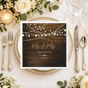 Servilleta De Papel Boda Simple Rústica con Luces de Madera y Cuerdas