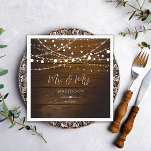 Servilleta De Papel Boda Simple Rústica con Luces de Madera y Cuerdas