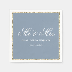 Servilleta De Papel Boda Sr. y Sra. con borde azul polvoriento y plata