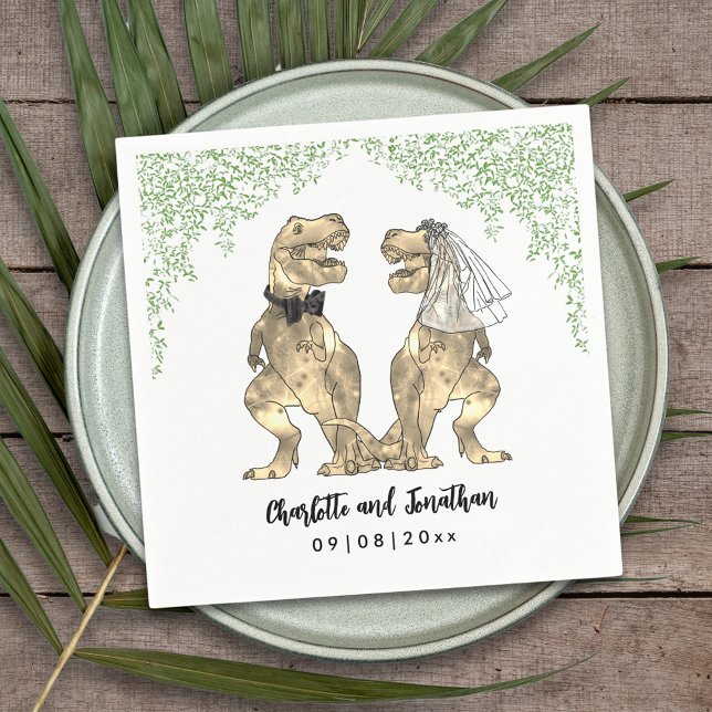Servilleta De Papel Boda temática de dinosaurios T-Rex Bride y Groom (Dinosaur themed wedding with fun T-Rex bride and groom with  Jurassic jungle foliage custom napkin)