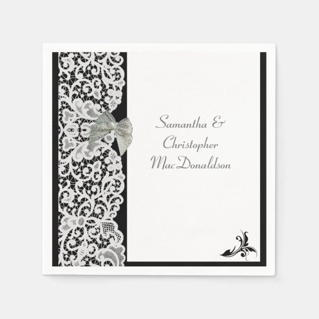 Servilleta De Papel Boda tradicional de encaje blanco y negro (Anverso)