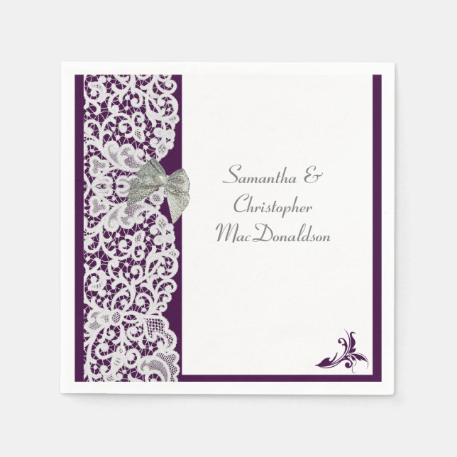 Servilleta De Papel Boda tradicional de encaje morado y blanco brillan (Anverso)