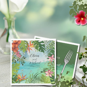Servilleta De Papel Boda Tropical Acuarela Hibisco Palma Verde