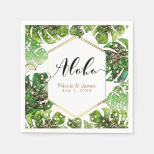 Servilleta De Papel Boda Tropical Hojas Brillo Purpurina Glamour Dorad