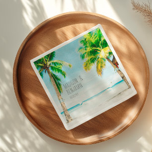Servilleta De Papel Boda Tropical Retro Palmeras Playa Océano Azul
