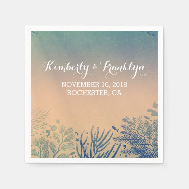 Servilleta De Papel Boda verde azulada en la playa (Anverso)