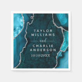 Servilleta De Papel Boda verde azulado de mármol azul y plateado