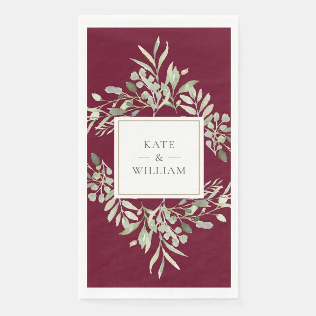 Servilleta De Papel Boda Verde Botánica Floral Rojo Burdeos (Anverso)