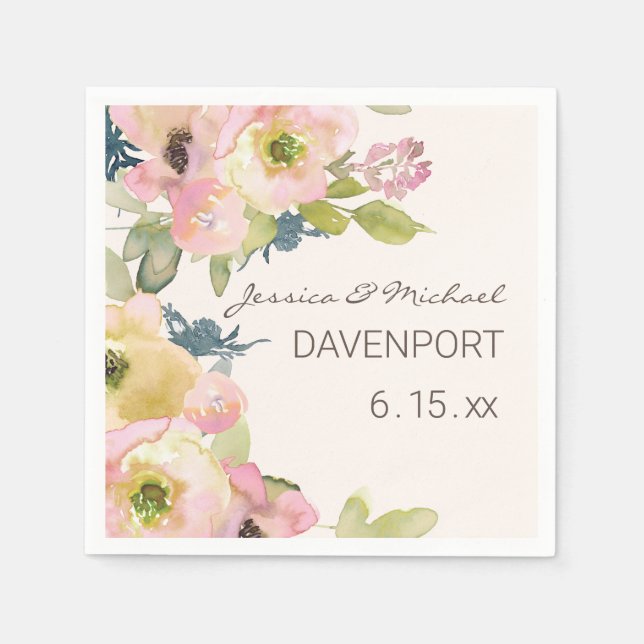 Servilleta De Papel Boda verde de salvia floral rosa Rubor (Anverso)