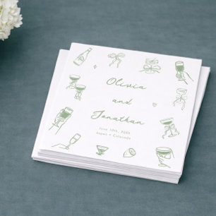 Servilleta De Papel Boda Verde Dibujada a Mano