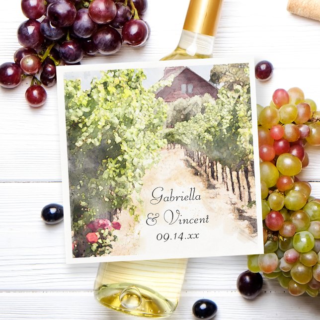 Servilleta De Papel Boda Vineyard y Red Barn Watercolor (Perfect inspo for your vineyard marriage reception cocktail hour or winery bridal shower.)