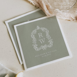 Servilleta De Papel Boda Vintage Monograma Cresta Nombres Verde Salvia