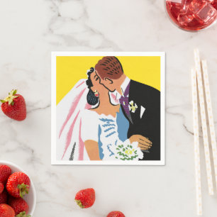 Servilleta De Papel Boda Vintage, Novia Retro y Novio Besándose