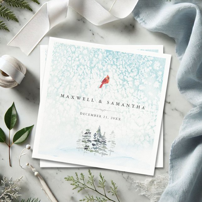 Servilleta De Papel Boda Winter Wonderland (Personalized winter wedding napkins watercolor country pine trees and snow in shades of blue)