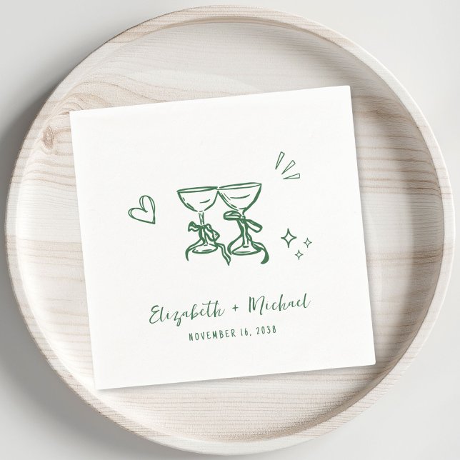 Servilleta De Papel Bodas de copas de vino verdes dibujadas a mano cap (Whimsical Hand Drawn Green Wine Glasses Wedding Napkins)