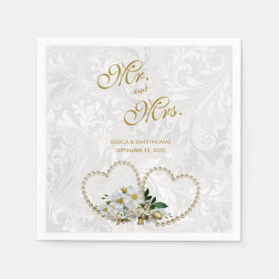 Servilleta De Papel Bodas de Damasco Perlas Corazones y Flores