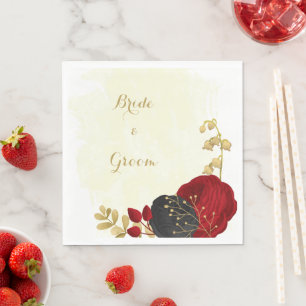 Servilleta De Papel bodas de flores rojas oscuras y negras con oro