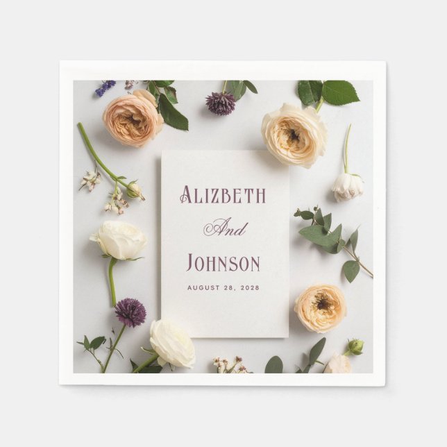 Servilleta De Papel Bodas de Rosas Rústicas Azules y Moradas Polvorien (Anverso)
