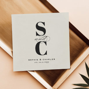 Servilleta De Papel Bodas en blanco y negro con iniciales elegantes y 