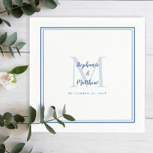 Bodas modernos nombres y fecha Monograma azul blan