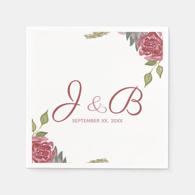 Servilleta De Papel Bodas Monogramadas con Rosas Acuarela (Anverso)