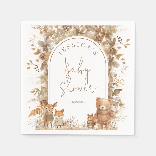 Servilleta De Papel Boho Arch Fall Woodland Animals Baby Shower (Anverso)