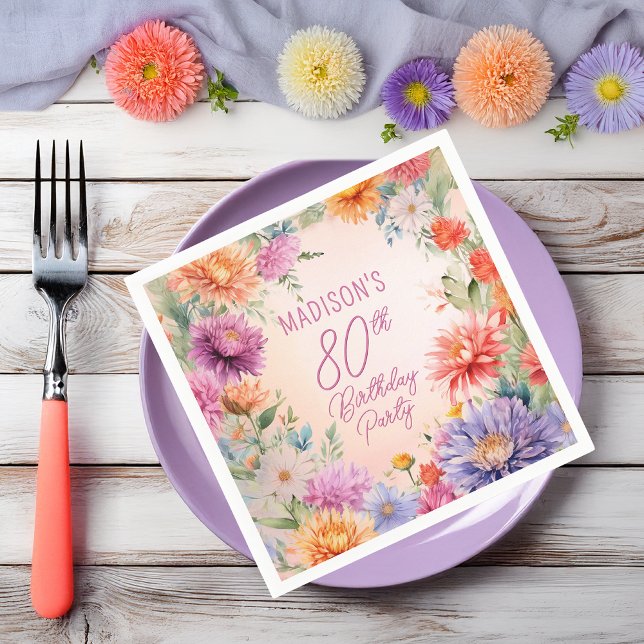 Servilleta De Papel Boho Aster Flowers Floral 80th Birthday Party (Boho Aster Flowers Floral 80th Birthday Party Napkins)