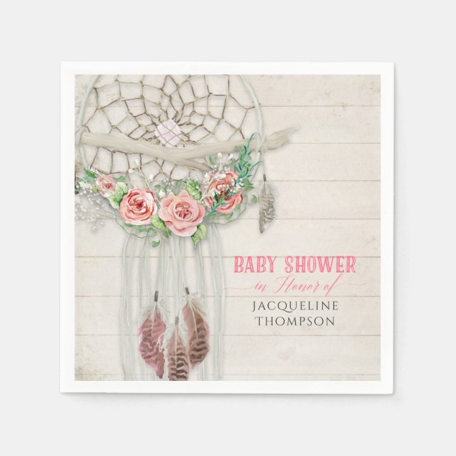 Servilleta De Papel BOHO Baby Shower Feathers Dream Catcher Macrame (Anverso)